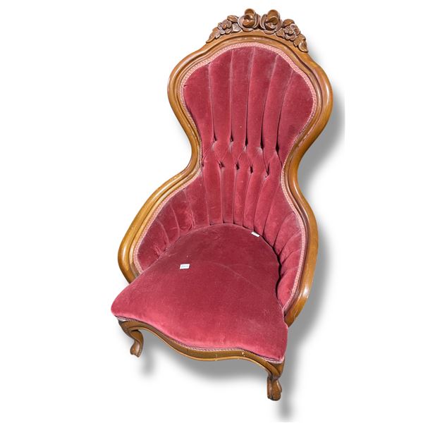 Antique Red Velvet Tufted Arm Chair with Carved Wood Frame