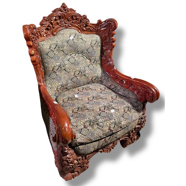 Large Carved Wood Frame Arm Chair with Brocade Upholstery