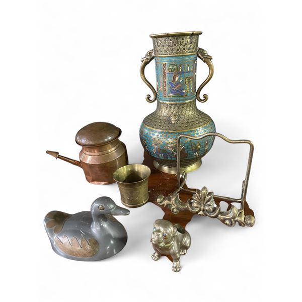 Group of 6 Metal Work Collectibles - Egyptian Enameled Brass Vase is 10" tall x 7" diameter