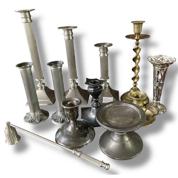 11 Candle Holders and 1 Candle Snuffer - Pewter, Silver Plated and Brass