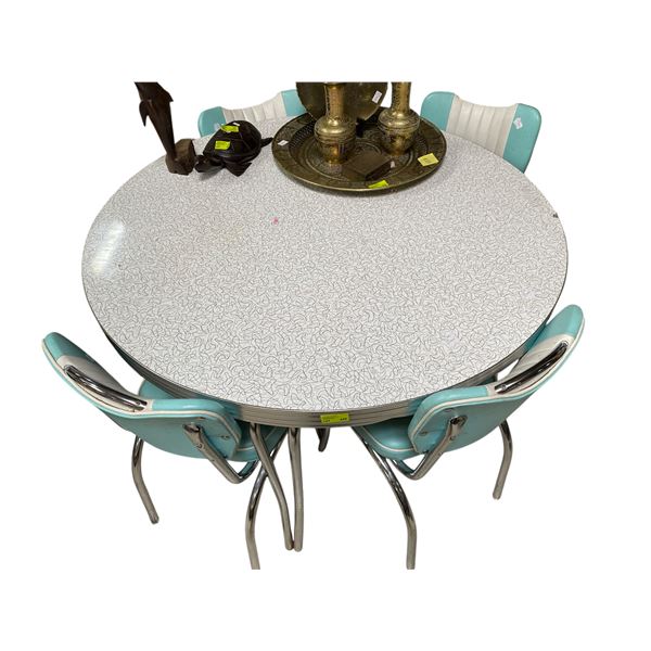 Chrome Dining Table with 4 Blue/White Chairs - White & Black Design 48" Table  Top. Contents not inc