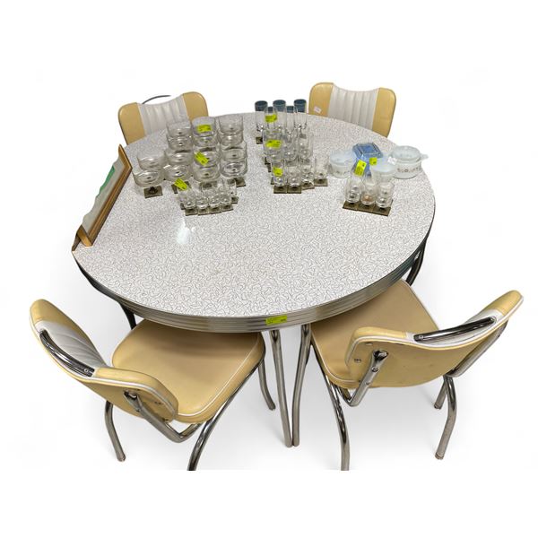 Chrome Dining Table & with 4 Yellow/White Chairs - White & Black Design 48" Table  Top - Contents no
