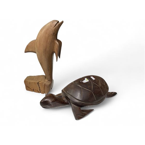 Carved Solid Wood Dolphin & Turtle Sculptures - Dolphin is 13" tall