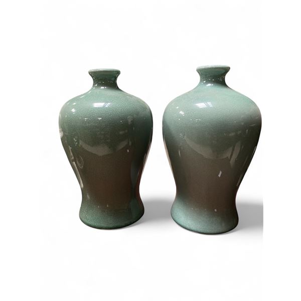 2 Large Green Glazed Ceramic Vases - Each is 14" tall x 9" diameter