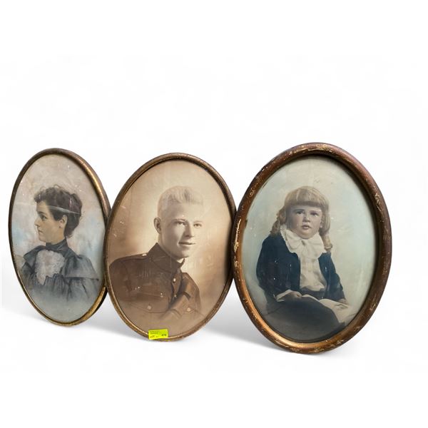 3 Vintage Hand Tinted Family Photographs in Oval Metal Frames - 14" x 20" each