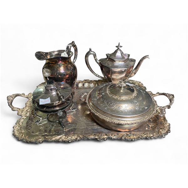 Group of 5 Silver Plated Serve ware - Water Jug, Tea Pot, Lidded Serving Dish & Chafing Dish Warmer