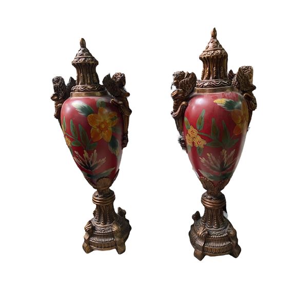 Pair of Decorative Hand Painted Urn Shaped Statues - 24" tall x 9" diameter