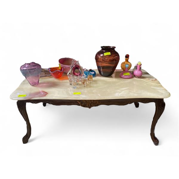 Marble Topped Coffee Table with Cabriole Style Legs - 24" x 44" x 18" tall - Contents not included.