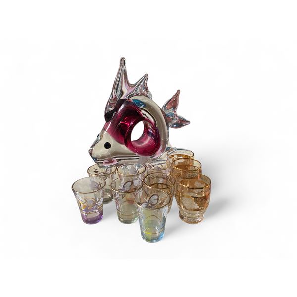 10 Vintage Liqueur Glasses & 1 Decorative Glass Fish