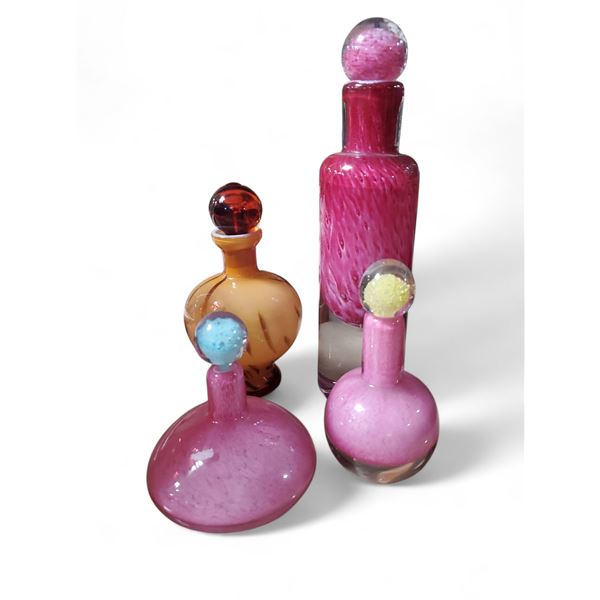 3 Handcrafted Canada Glassworks Bottles (tallest is 11") & 1 Vintage Blown Glas Yellow & Amber Bottl
