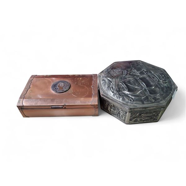 Vintage Metal Cookie Tin & Copper Clad Jewelry Box (2" x 6" x 9.5"
