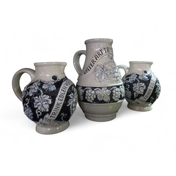 3 German Pottery "Trink Edlen Wein" Glazed Pottery Pitchers - 2 x 5" and 1 x 7"