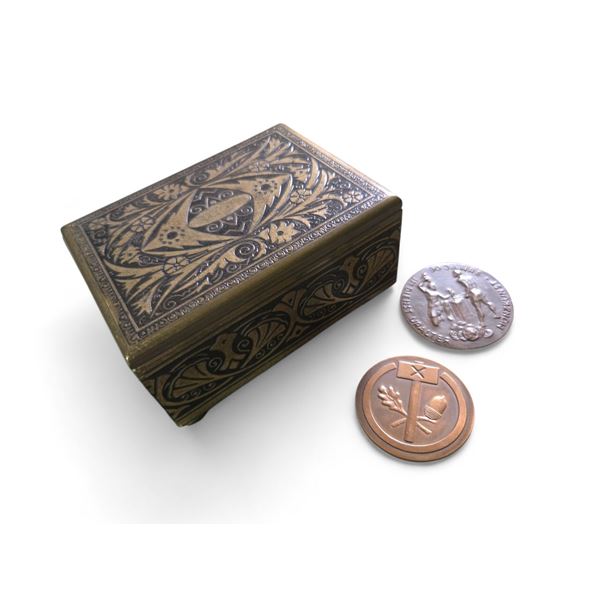 Brass Clad Trinket Box & German Fidelity Medallion & B. H. Mayers 90 Year Medallion - Box is 3.5" x 