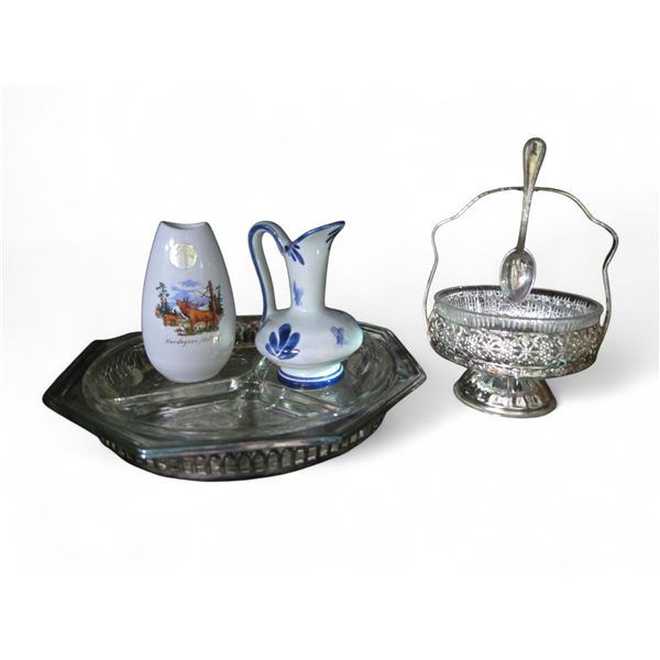 Silver Plated Pickle Dish, Compote Dish, Mini Pitcher & Bud Vase