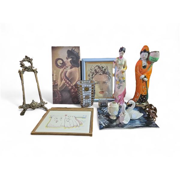 Group of Framed Alain Boisjoly Cartoons, Figurines, Lamp (small damage), Glass Tray and more