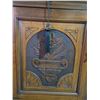 Image 2 : Antique Sideboard with Carved Door Panels - 18" x 52" x 35" tall - There are drapes inside the sideb