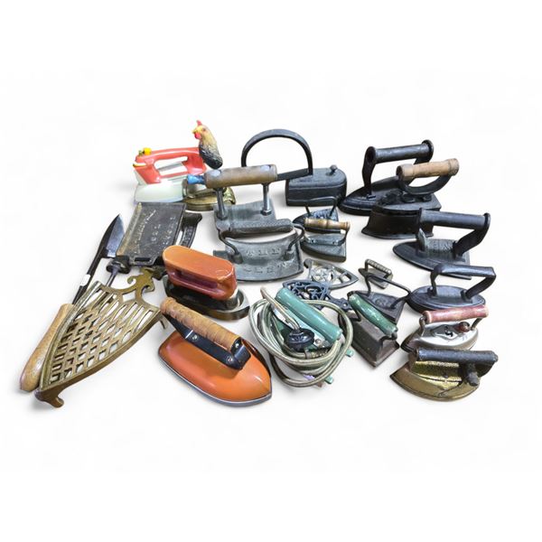 Large Group of Vintage Irons, Toy Irons and Ironing Accessories