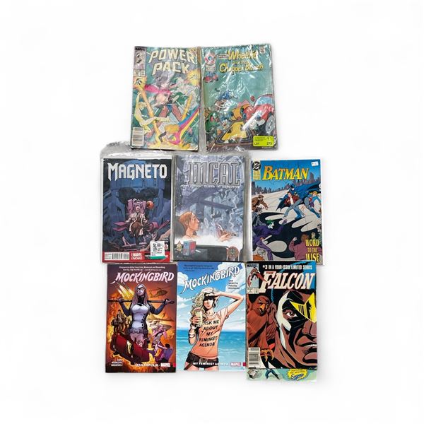 8 Assorted Comics and Graphic Novels - Magneto, Batman, Wheelie and the Chopper Bunch Mockingbird an