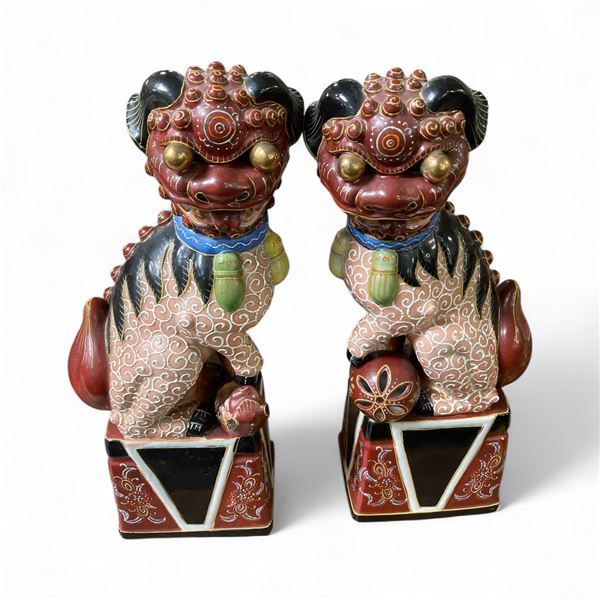 Pair of Vintage Glazed Ceramic Japanese Foo Dog Sculptures - 18" tall on a 6" x 5" base