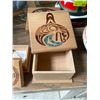 Image 2 : 3 Carved Wood First Nations Design Lidded Trinket Boxes - Larger are 5" x 5" x 4" tall