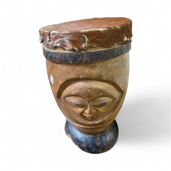 Carved Wood Hide Topped Drum - 13" tall x 7" diameter