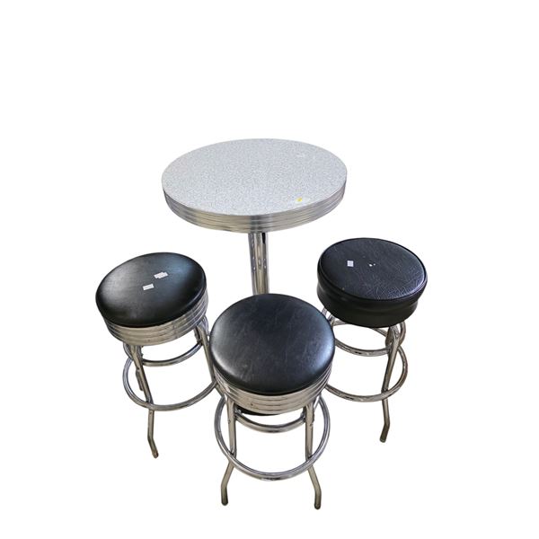42" Tall Chrome Table with 3 Matching Stools - 24"  White & Black Patterned Top