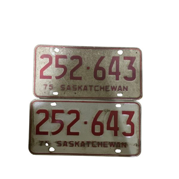 Pair of Matching 1975 Saskatchewan 6 Digit License Plates -252-643