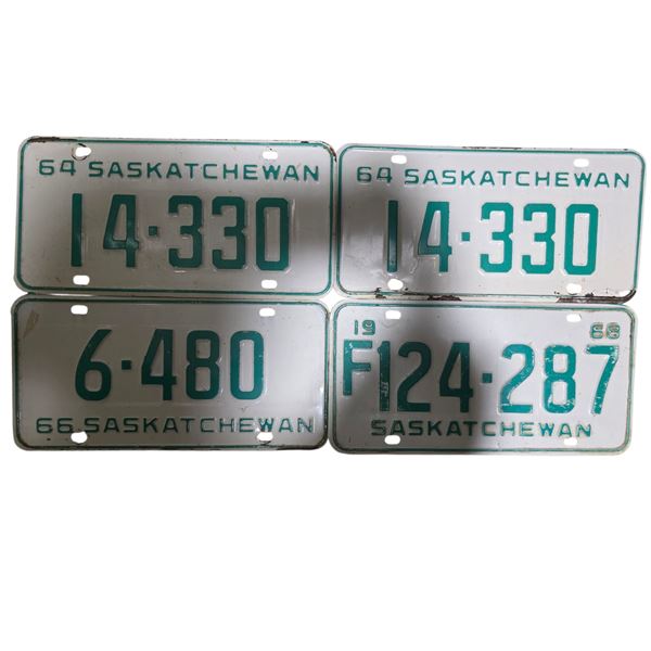 Four 1960s Saskatchewan License Plates - Pair of 1964 (14-320), Single 1966 (6-480) and Single (1968