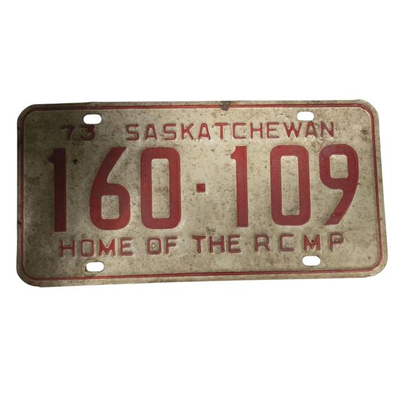 1973 Saskatchewan "Home of the RCMP" Single License Plate - 160-109