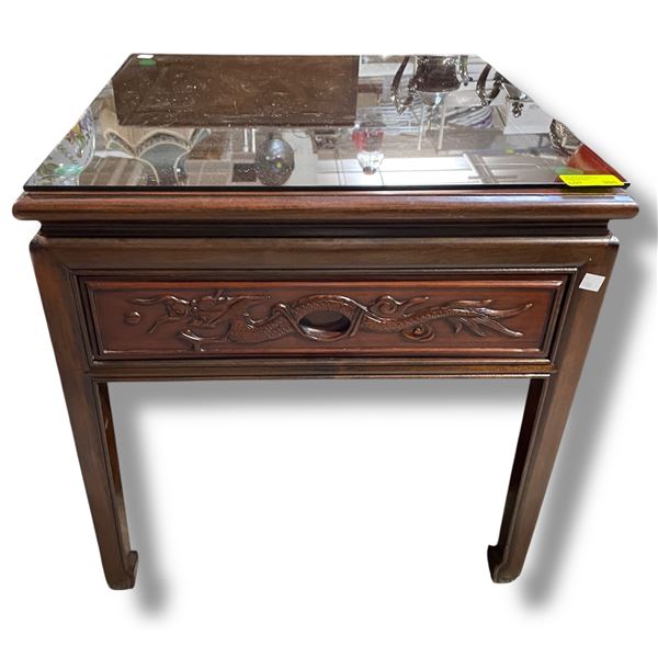 Solid Wood End Table with Carved Dragon Design Drawer Front & Plate Glass Top - 22" x 22" x 22" tall