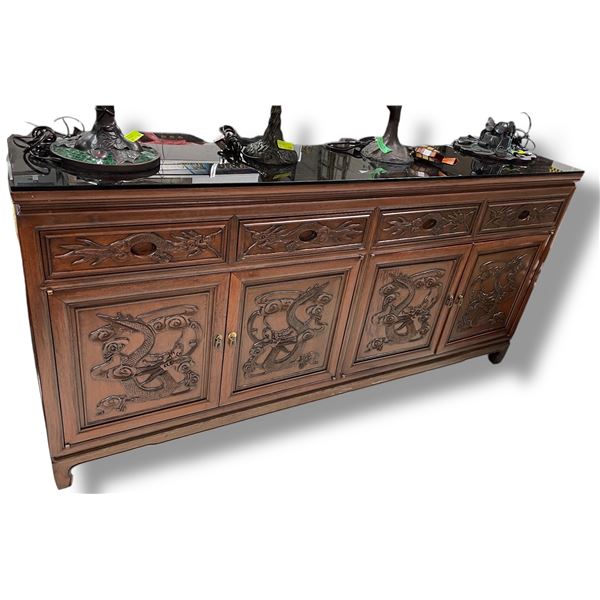 Large 4 Door Sideboard with Carved Dragon Design - Protective Glass Top - 19" x 72" x 34" tall