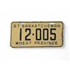 Image 1 : Vintage Saskatchewan "Wheat Province" 1957 License Plate - I2-005