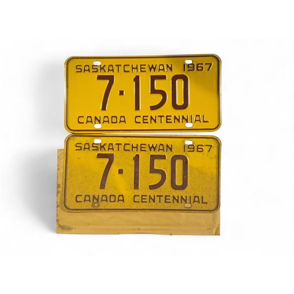 Vintage Saskatchewan "Canada Centennial" 1967 License Plate Set w/ Original Mailing Envelope - 7-150