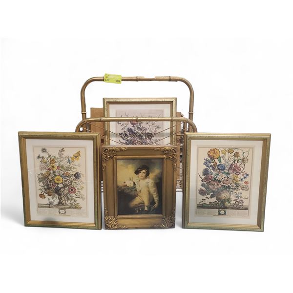 5 Framed prints in metal stand