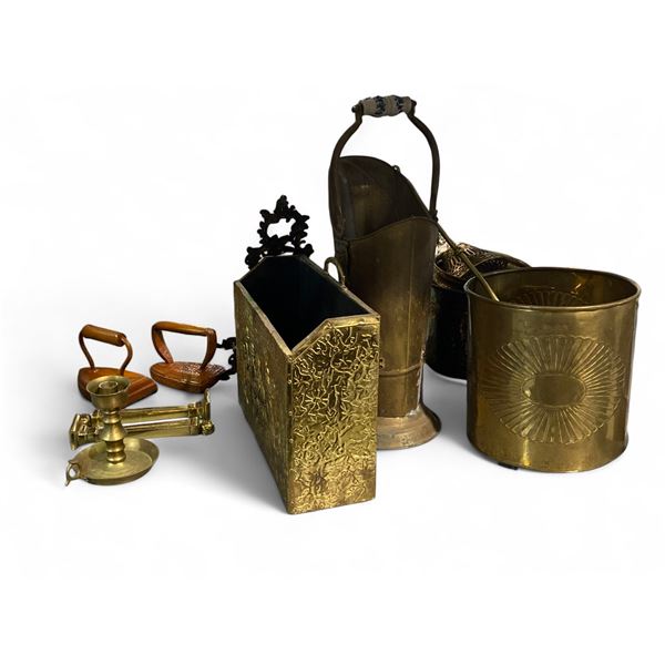 Vintage brass fireplace tools buckets & magazine rack