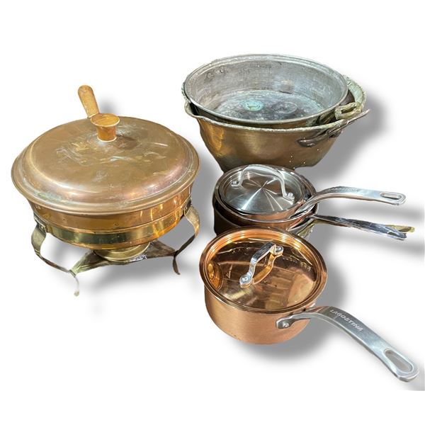 Group - Copper pots, serving dish and buckets