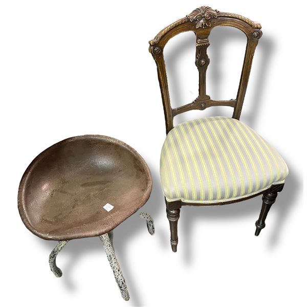 Vintage carved chair & tractor stool