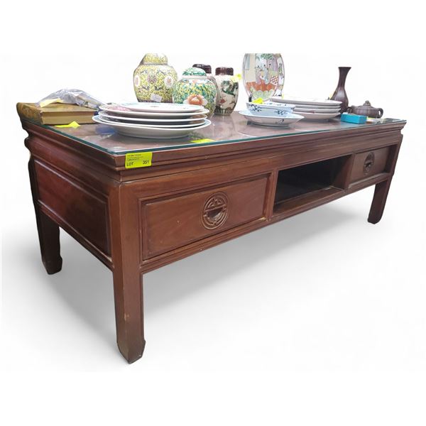 Glass Topped Asian Design Coffee Table - Missing center drawer - 20" x 52" x 18" tall - Contents not
