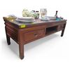 Image 1 : Glass Topped Asian Design Coffee Table - Missing center drawer - 20" x 52" x 18" tall - Contents not