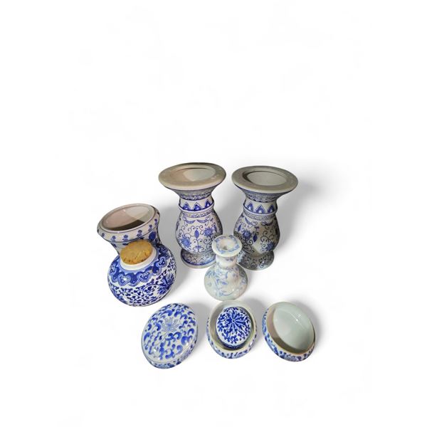 Group of Blue/White China and Porcelain - Vases, Candle Holder and Lidded Container