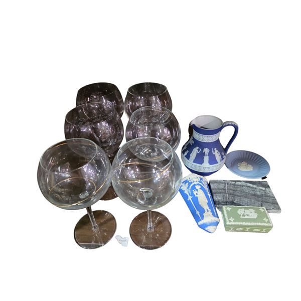 Group of Wedgwood and Other Jasperware Items - Jug, Trinket Box, Wall Vase and Mini Plate