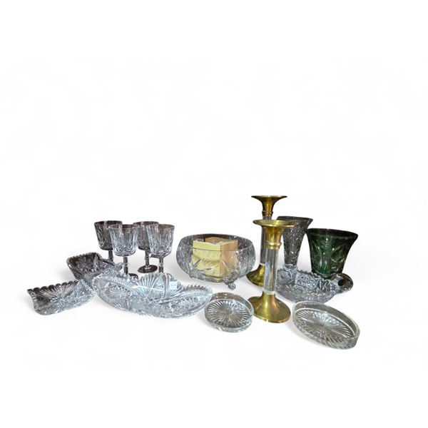 Shelf of Crystal and Glass Glasses, Dishes, Candler Holders, Vases and Bowls