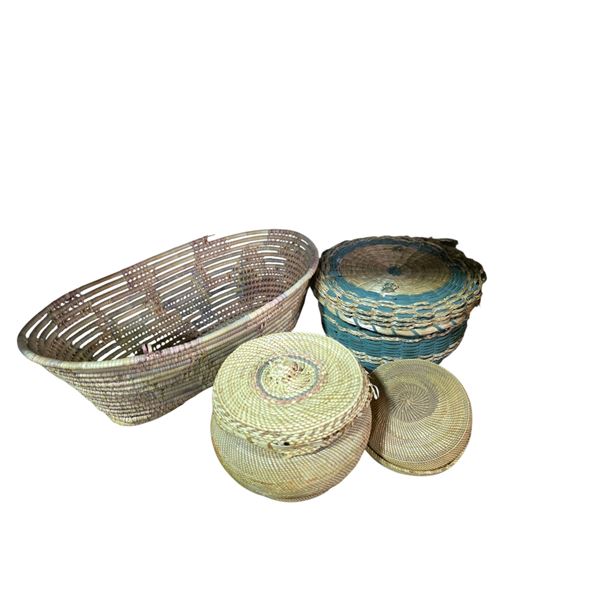 5 Piece Group of Woven Baskets and Coasters