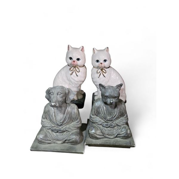 Pair of Japanese Glazed Porcelain 8" Cats and a Pair of Cat and Dog Monk Book Ends