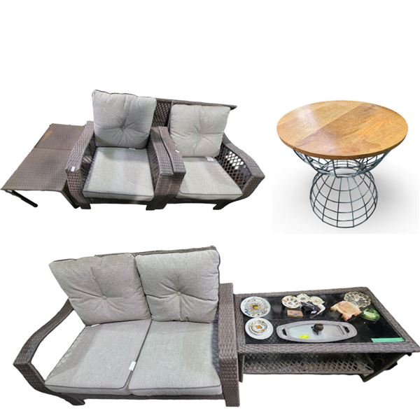 Group of Patio Furniture with Cushions - Loveseat, Chairs, and End Tales and Coffee Table