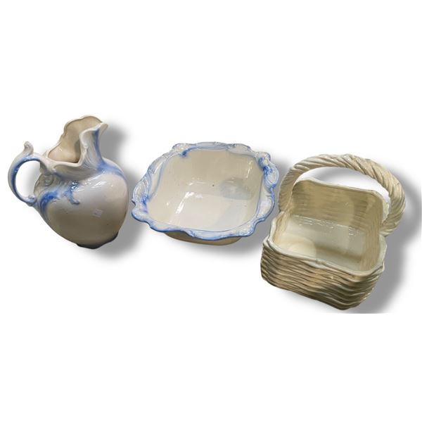 Glazed Ceramic Pitcher with Basin and Basket Shaped Planter