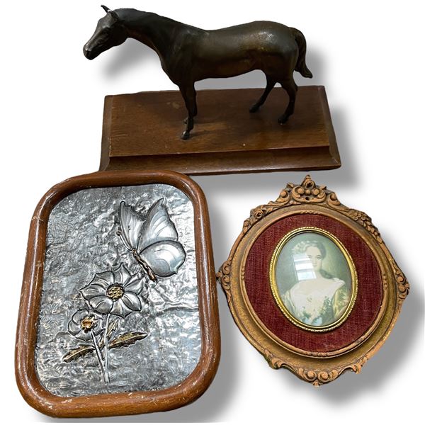 Miniature Portrait, Bronze 6" Horse & Silvered Butterfly Plaque (6" x 8")
