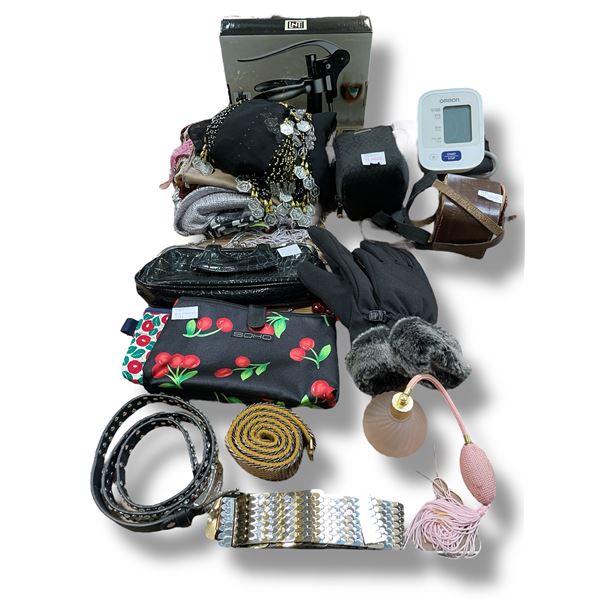 Group of Women's Clothing Accessories, Corkscrew, Blood Pressure Monitor and "Boy" Camera