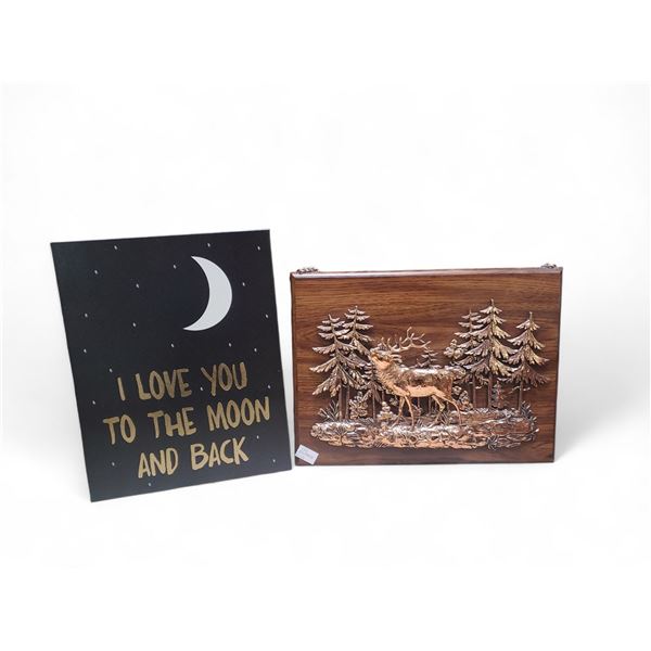 2 Hanging Wall Decor - Vintage Metal Art Elk In Woods 3D Copper tone on Oak frame & Quote Sign