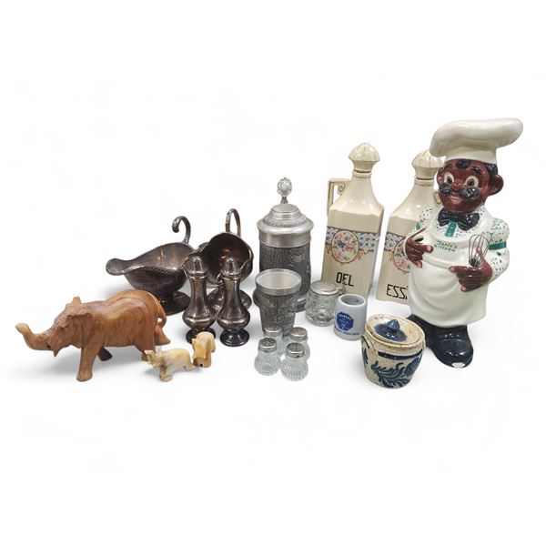 Group of Assorted Tableware & Decor - Pewter Tankards, Bottles, Ceramic Crock, and More